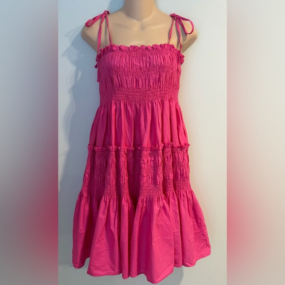 PINCH Anthropologie Rowdy Strappy Smocked Tiered Pink Sundress size S - Picture 2 of 7